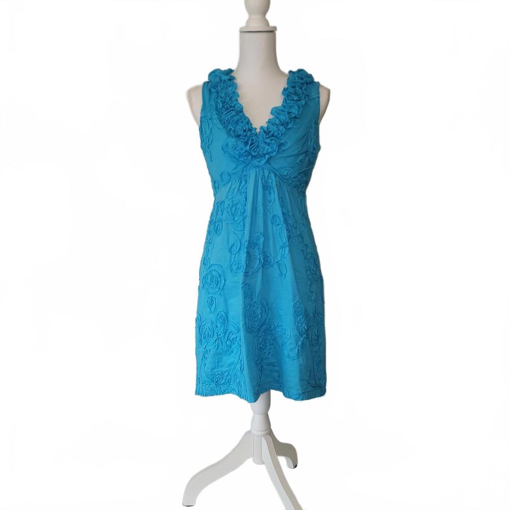 Tiana B Ruffled Cotton V-neck Textured Floral Accents Sheath Dress Aqua Blue 6P